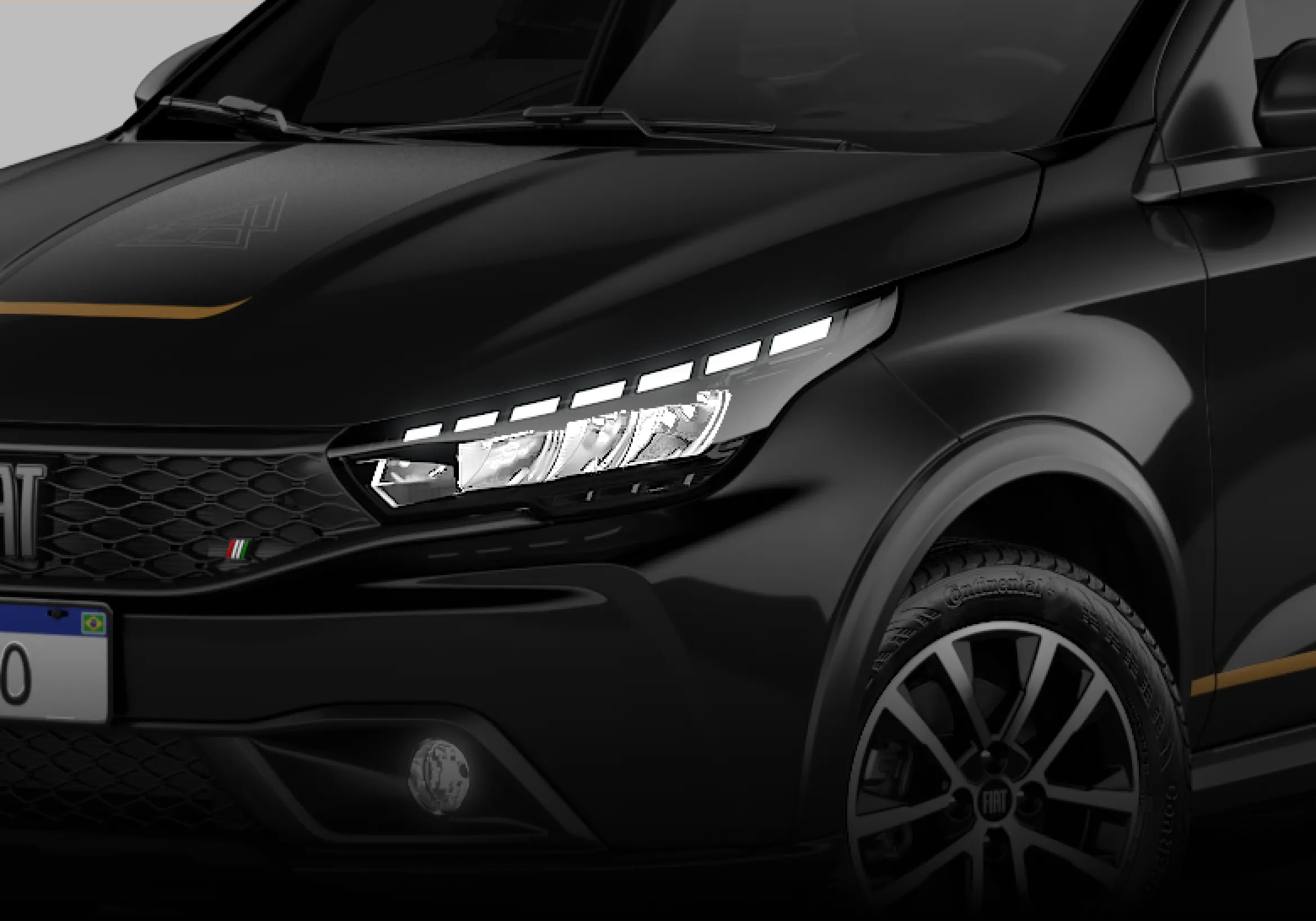 Detalhe da dianteira do Fiat Argo na cor preta, com destaque para faróis Full LED.
